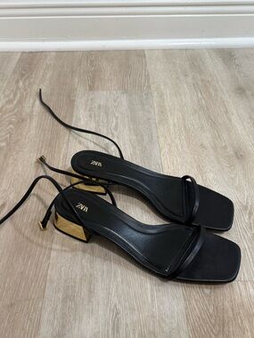 Zara Black Strappy Square-Toe Heel with Gold Accent